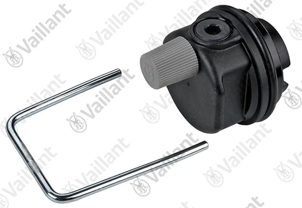 Vaillant Schnellentlüfter in schwarzer Ausführung mit grauem Drehknopf und einem dazugehörigen Metall-Werkzeug.
